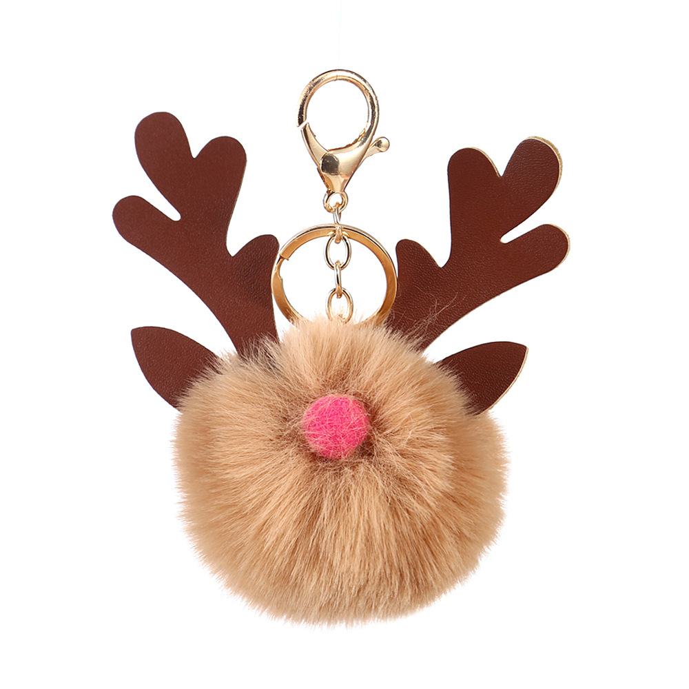 New Christmas Antlers Fur Ball Keychain PU Leather Antlers Fuzzy Ball Pendant Women's Car Fuzzy Ball Hanging Drop Gift