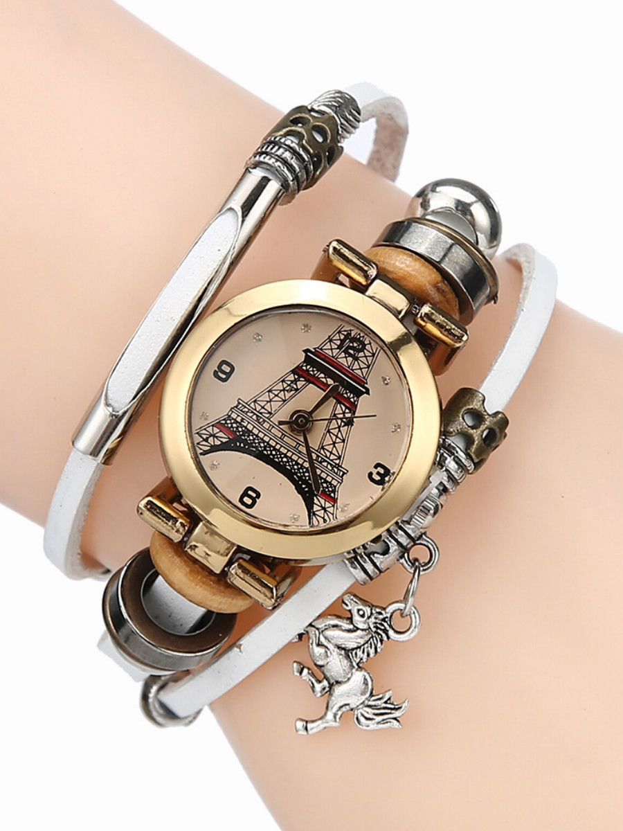 复古爆款跨境埃菲尔铁塔图案手表手工编织民族风吊坠真牛皮腕表