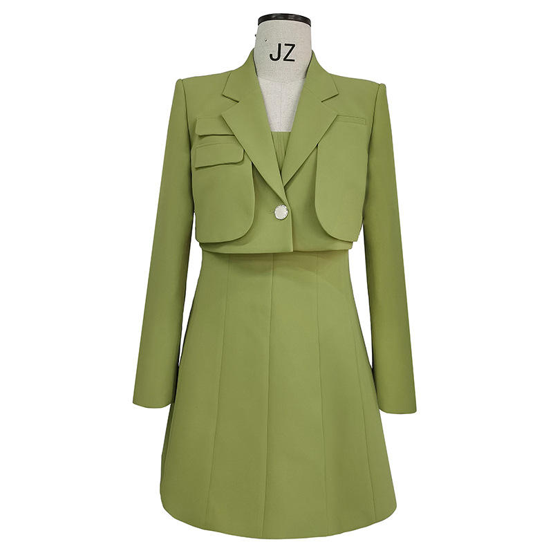 2021秋冬绿色秋季韩版ol通勤职业修身裙小西装套装