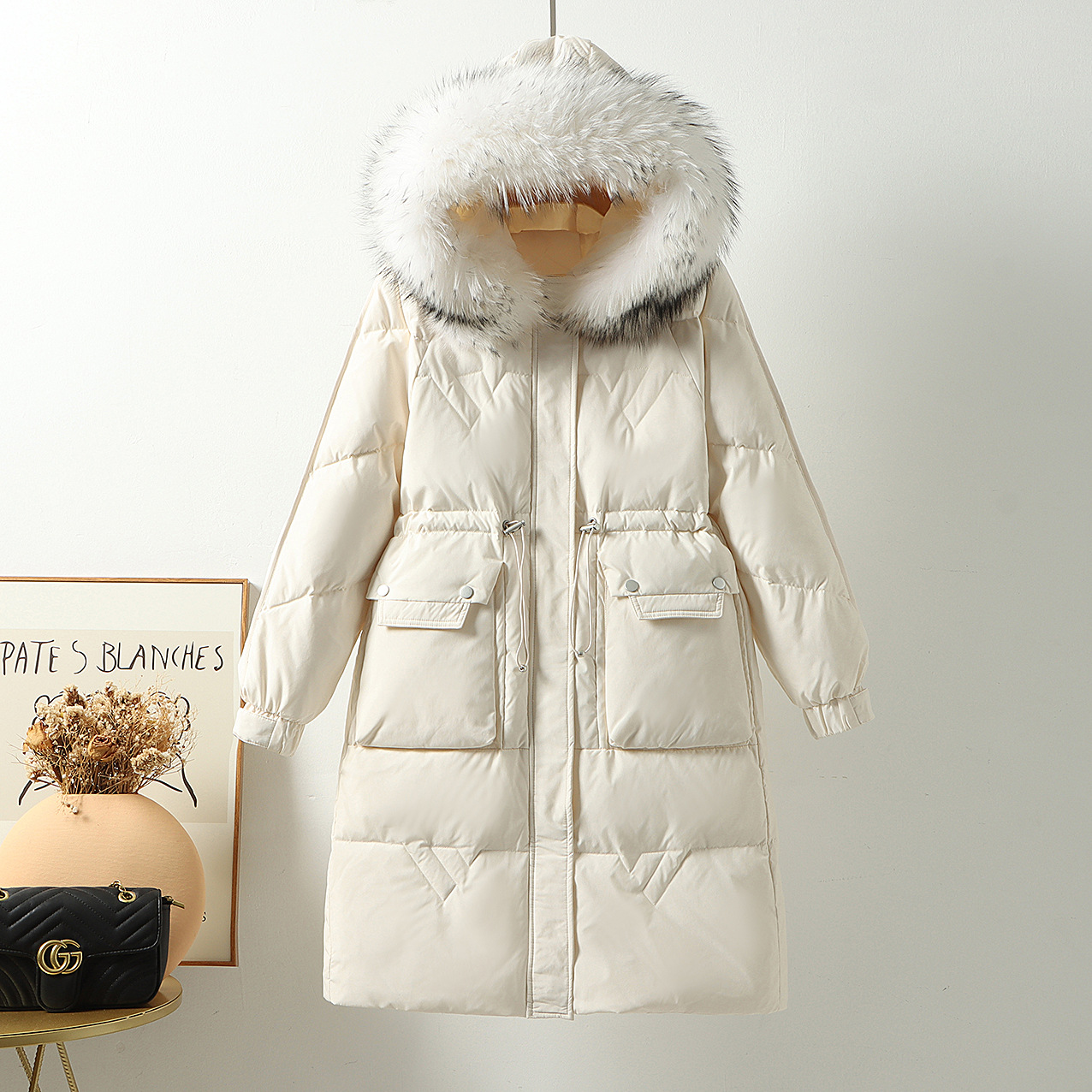 真毛领经典百搭羽绒服女长款秋冬季爆款时尚白鸭绒加厚外套批发