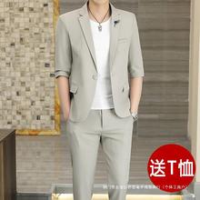 夏季西服套装男士韩版修身薄款七分袖小西装外套潮流成熟中袖一套