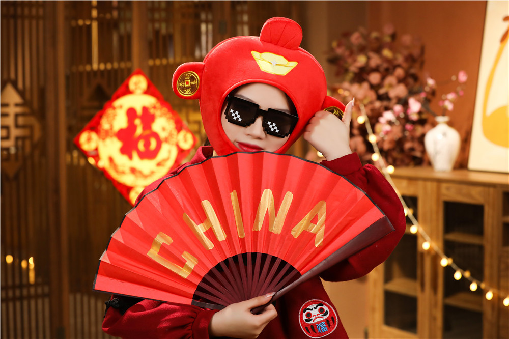 新年吉祥物财神爷头套帽子 恭喜发财毛绒头套 拍照道具 卡通头套