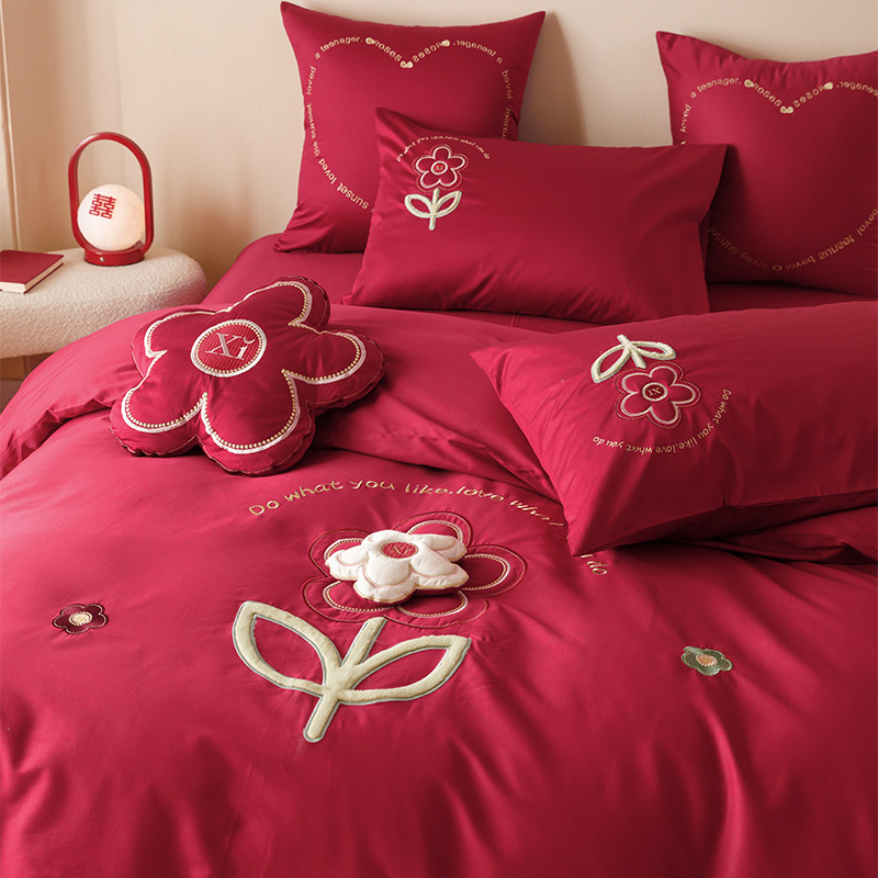 简约新婚庆床品四件套全棉红色纯棉结婚房2米被套床单床盖-阿里巴巴