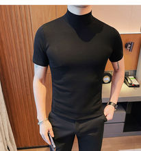 秋季韩版修身男士半高领短袖T恤型男紧身弹力纯色体恤打底线衫潮