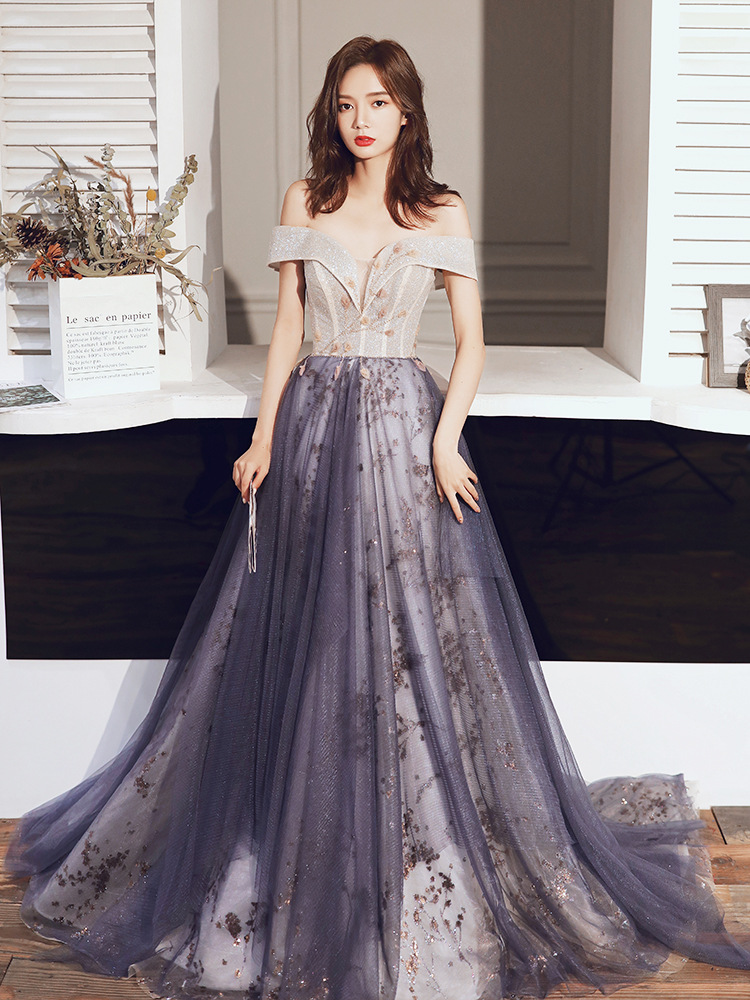 一字肩晚礼服裙女2023新款宴会气质气场女王主持人走秀长款气质感