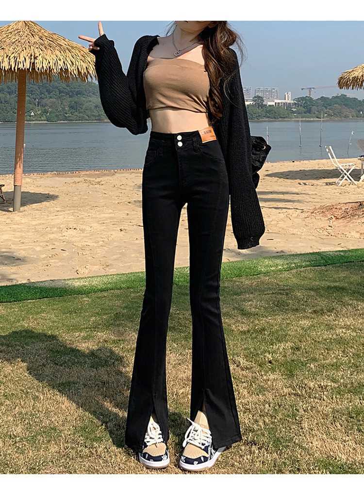 韩国黑色前开叉微喇叭牛仔裤女秋冬季2023新款高腰显瘦拖地喇叭裤