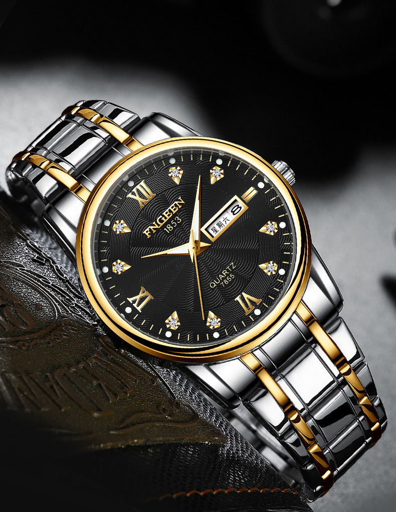 芬尊新款男士间金钢带情侣女表镶钻时尚手表男学生表防水双日历