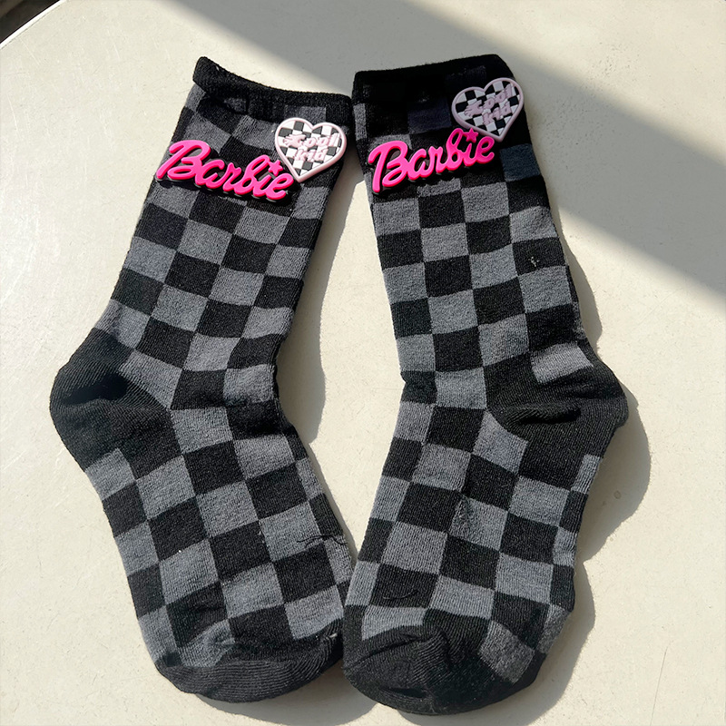 Chessboard Plaid Socks Women's Autumn Tube Socks Korean Style Barbie Style Retro Long Spring and Autumn Long Socks Cotton Socks Autumn and Winter