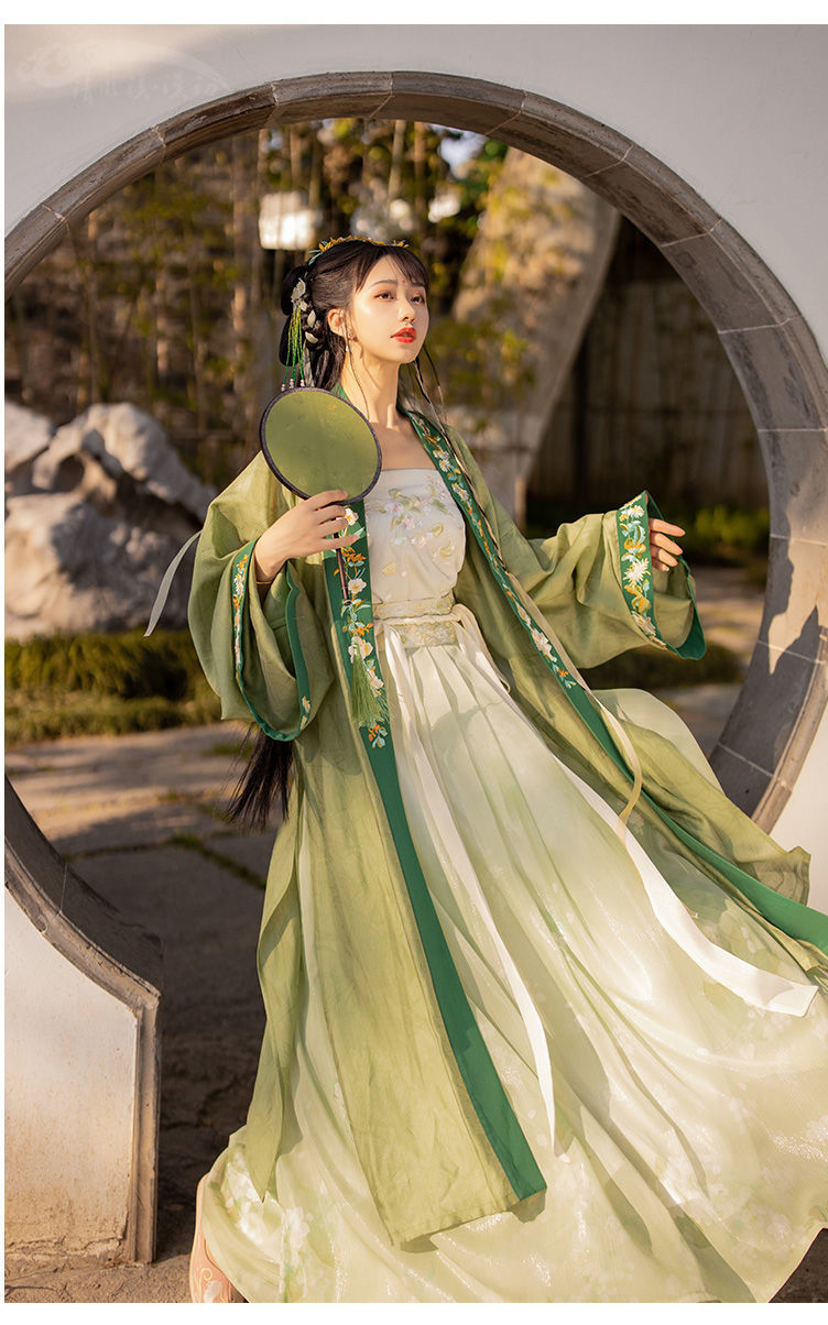 宋制汉服女学生古装仙气古风绿色褙子齐腰裙子古装衣服女全套改良
