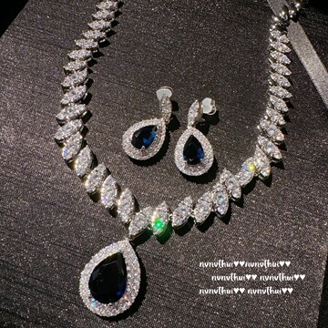 奥地利宫廷皇家蓝水滴宝石项链 vintage镀18k金 麦穗泪滴锆石耳环