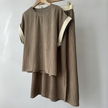 P320388MP 早春新款真丝波浪纹褶皱小飞袖上衣半身裙套装5.3