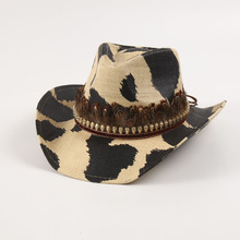 欧美奶牛花硬质翘边沿西部狂野牛仔羽毛骷髅头个性定型草帽Fedora