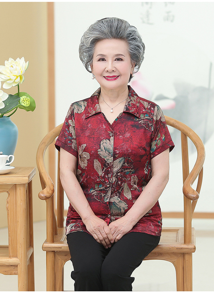老年人衬衫女夏季奶奶丝缎上衣60岁70老人衣服大码妈妈装短袖衬衣