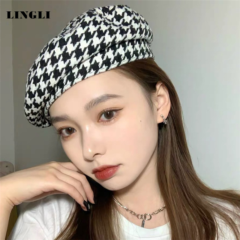秋冬英伦百搭大千鸟格纹贝雷帽金智妮jennie同款经典平顶画家帽子