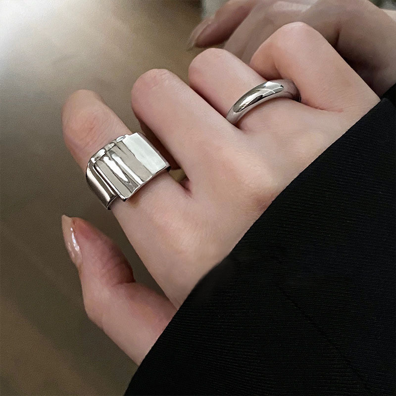 Pleated Simple Bracelet Open Ring Women's Retro Ins Cold Style Niche Hip Hop S925 Silver Index Finger Ring Internet Hot