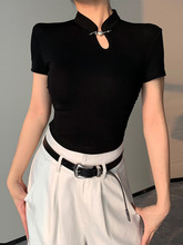 黑色正肩短袖T恤女2024夏季新款设计小众新中式国风改良旗袍上衣