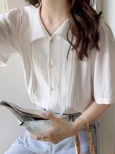 T法式v领白色短袖衬衫女设计感小众小个子衬衣polo领夏季半袖上