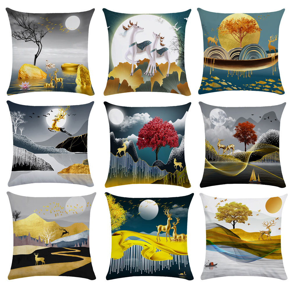 Elk Animal Ribbon Landscape Pillow Cross-Border Pillow Cover Pillow Back Seat Cushion Sofa Cushion Nordic Sleeping Pillowcase