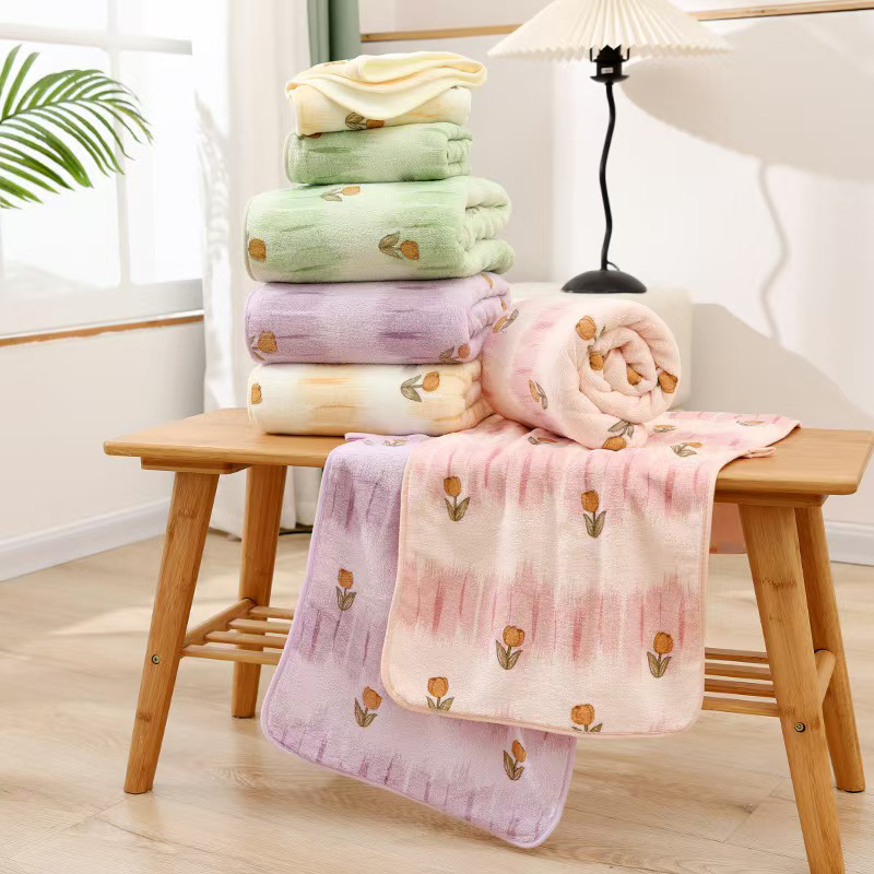 郁金香珊瑚绒浴巾毛巾三件套加厚吸水伴手礼大毛巾礼品毛巾沙滩巾