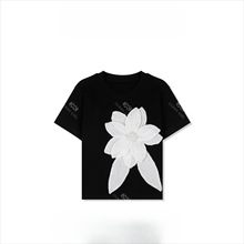明明『香染』夏季小众设计立体花朵短袖T恤时尚休闲上衣黑色