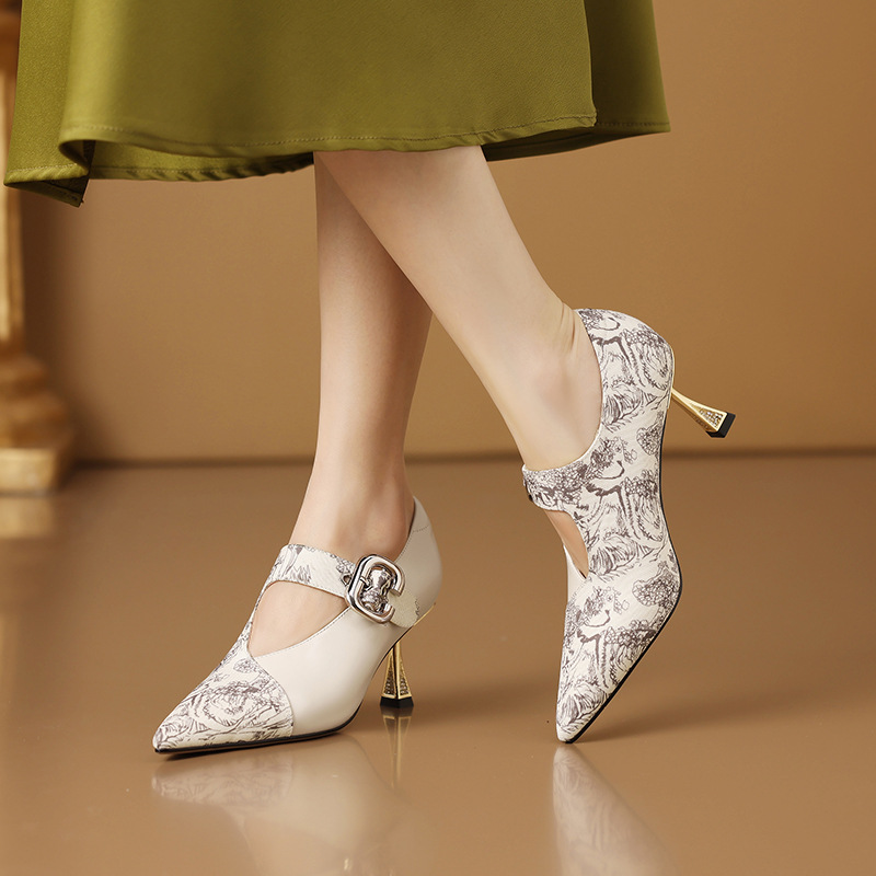 性感女神高跟鞋新款鞋子尖头细跟山水国风名媛宴会正装裸靴单鞋女