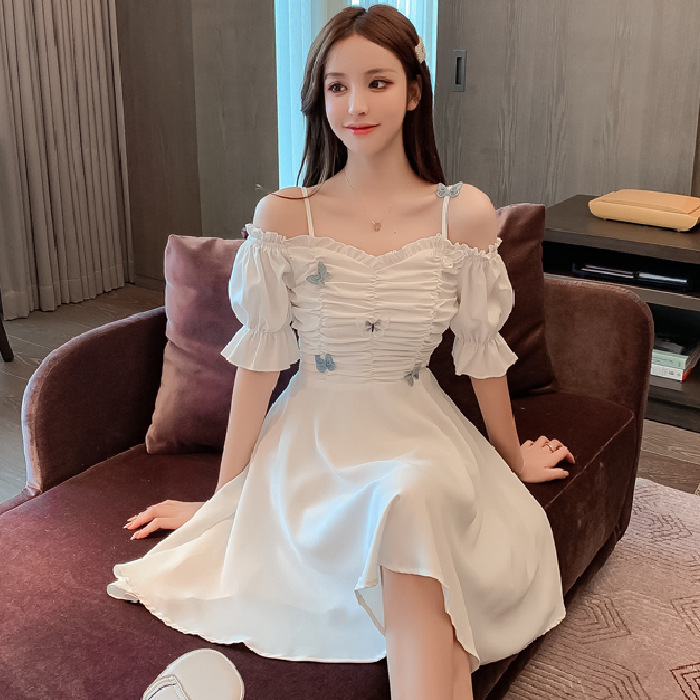 法式方领一字肩吊带裙子2022夏装新款甜美小清新范蓬蓬公主连衣裙