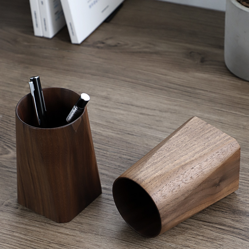 黑胡桃整木笔筒 时尚简约办公室实木笔桶 桌面收纳