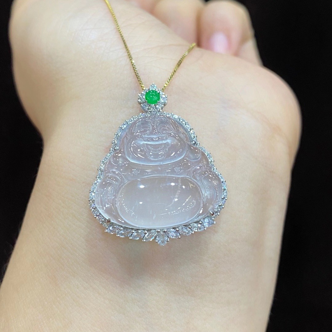 翡翠弥勒佛吊坠玉石佛公项链女冰种玉挂件18k金镶嵌缅甸天然a货