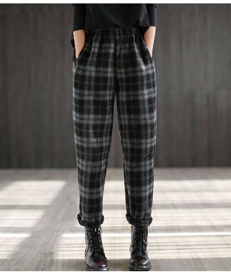 外穿休闲裤2022年春季新款黑白格子女裤宽松阔腿显瘦哈伦长裤
