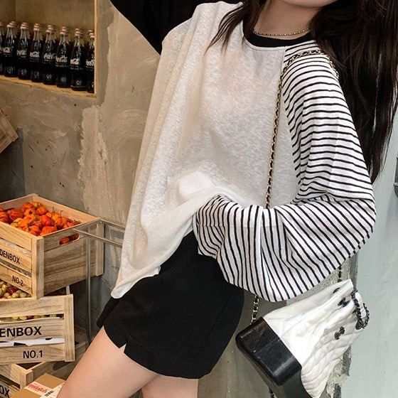 慵懒黑白条纹防晒长袖t恤女夏季新款设计感宽松百搭圆领上衣