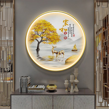 新中式玄关装饰画圆形led灯画走廊过道进门玄幻挂画麋鹿氛围画