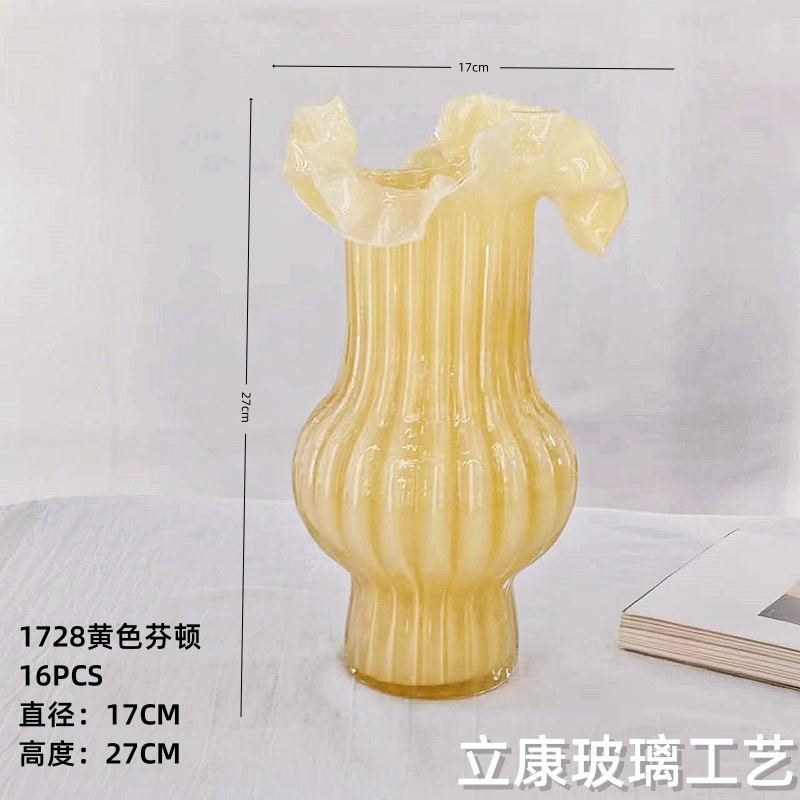 Factory Direct Sales Mid-Ancient Pleated Glass Vase Decorative Ornament Living Room and Hotel Wedding Senior Sense Fenton Flower Container