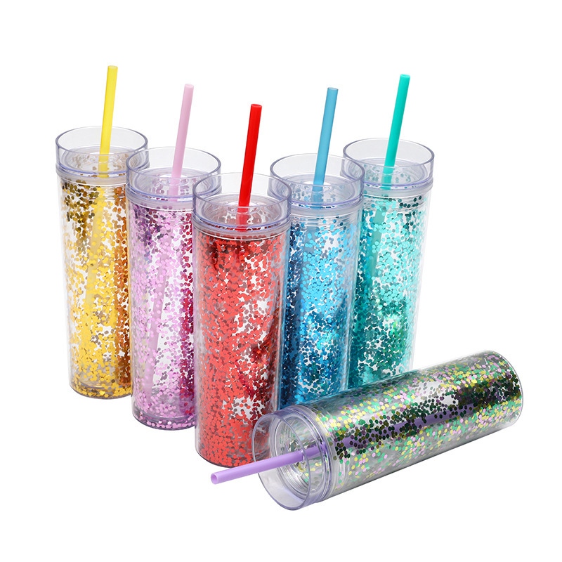 2022 Cross-Border Amazon New Gradient Color Rainbow Color Water Cup Straight Sequins Handy Double Plastic Straw Cup