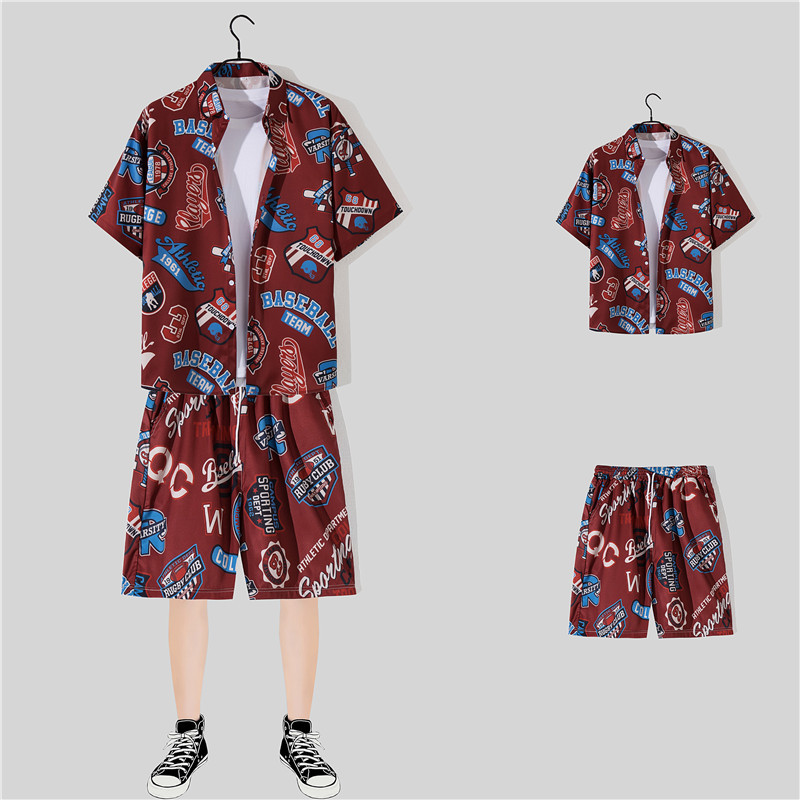 Fashion Brand Hawaii Printed Shirt Men's Summer Leisure Sports Suit Short-Sleeved Shorts Two Pieces a Set of Ruffle Boys