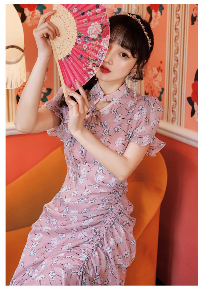 司藤同款年轻款少女粉色改良旗袍收腰抽绳褶皱连衣裙