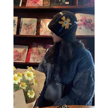 韩国小众设计花朵补丁针织毛线帽女复古手工贴布秋冬天保暖渔夫帽