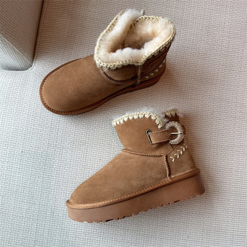 冬季新款短筒雪地靴女厚底编制勾毛线款牛皮羊毛加厚加绒保暖鞋