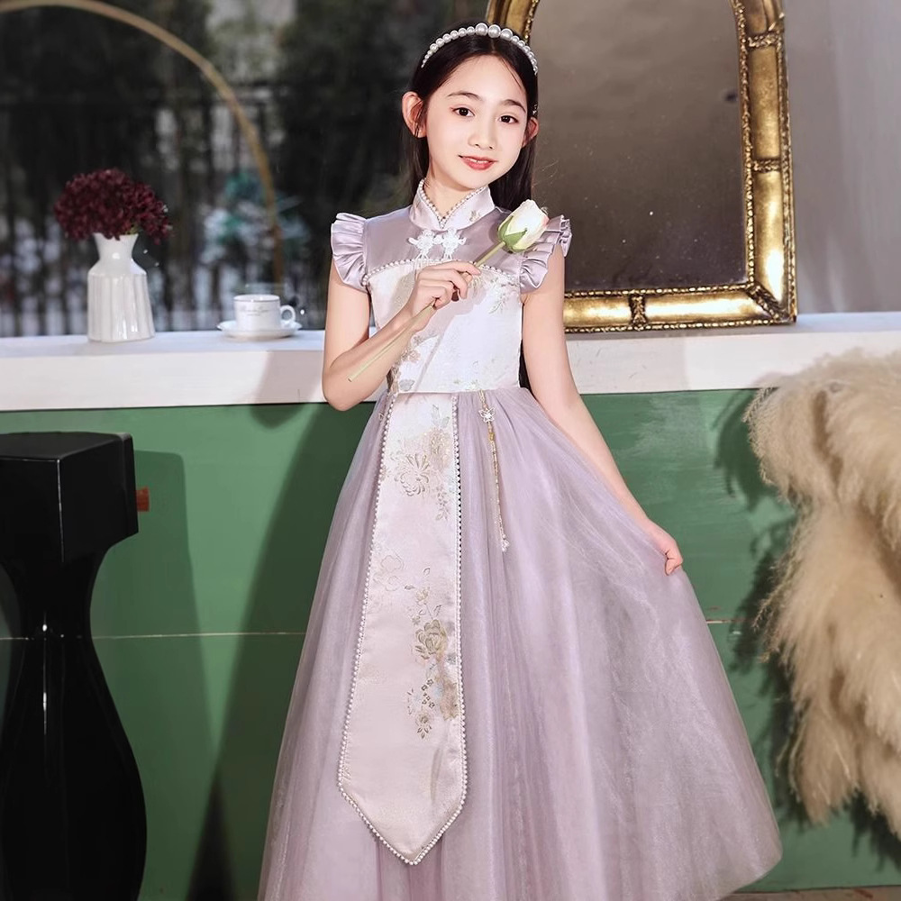 紫色女童旗袍春秋2024新款中式儿童生日礼服公主裙钢琴演出服夏季