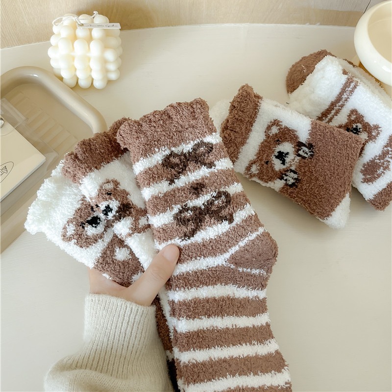 Coral Fleece Socks Female Coffee Color Series Bear Women's Mid Tube Stockings Winter Fleece Lined Padded Warm Keeping Room Socks Sleep Women's Socks