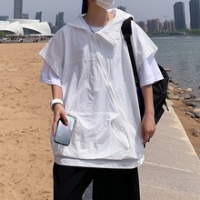 拉链设计连帽短袖t恤男夏季韩版潮流工装大口袋半袖体恤潮牌宽松