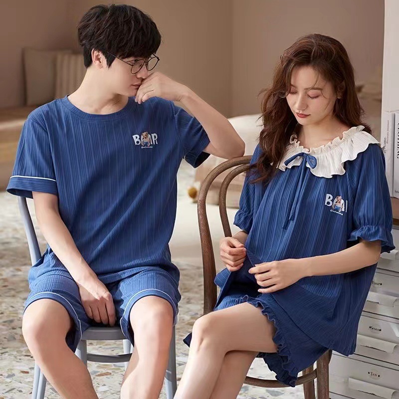 South Korea Couple Pajamas Women's Summer Short Sleeve Pure Simple Loose plus Size Summer Thin Cotton Student Homewear Cute Suit