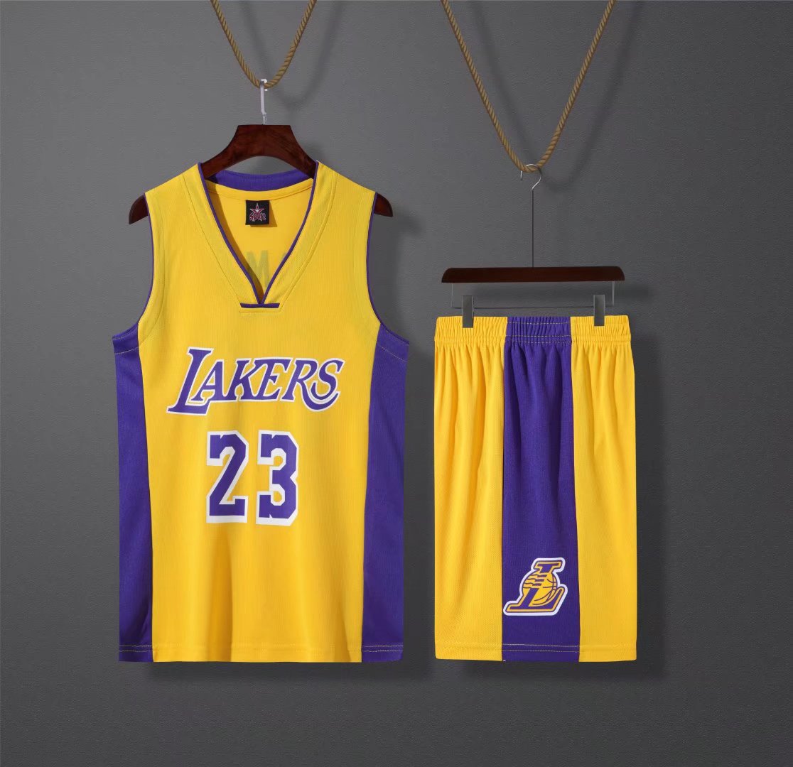 童装篮球服 v领湖人队詹姆斯23号球衣 小学比赛训练球衣 厂家批发