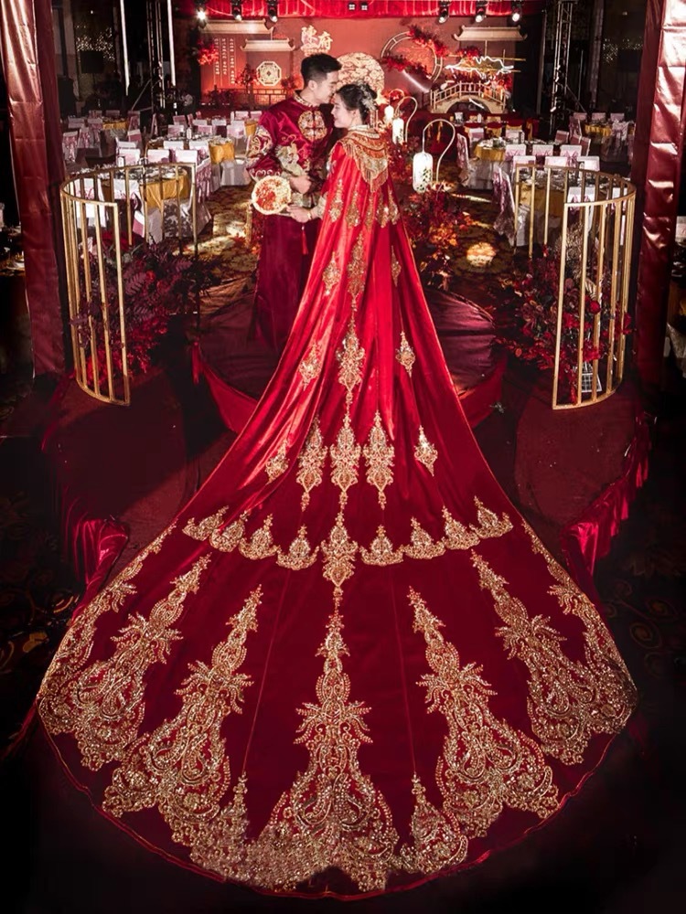 秀禾服新娘2021款中式婚礼长披风古装嫁衣礼服披肩凤冠霞帔大拖尾