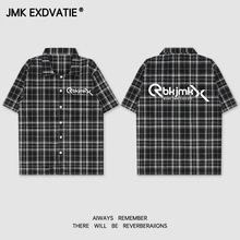 JMK EXDVATIE美式复古格子衬衫男士夏季潮牌高街宽松半袖休闲衬衣