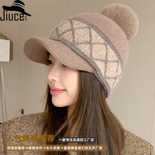 韩国加厚菱形拼色兔毛棒球帽子女冬季韩版时尚鸭舌帽学生保暖帽潮