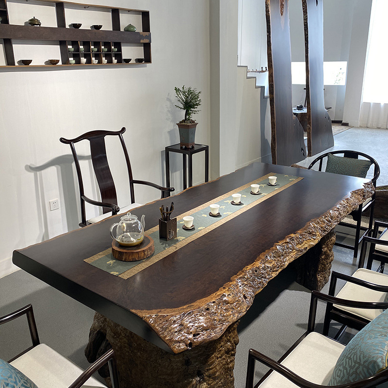 黑檀木茶桌大板桌新中式桌椅组合办公桌原木木质餐桌茶台整块家具