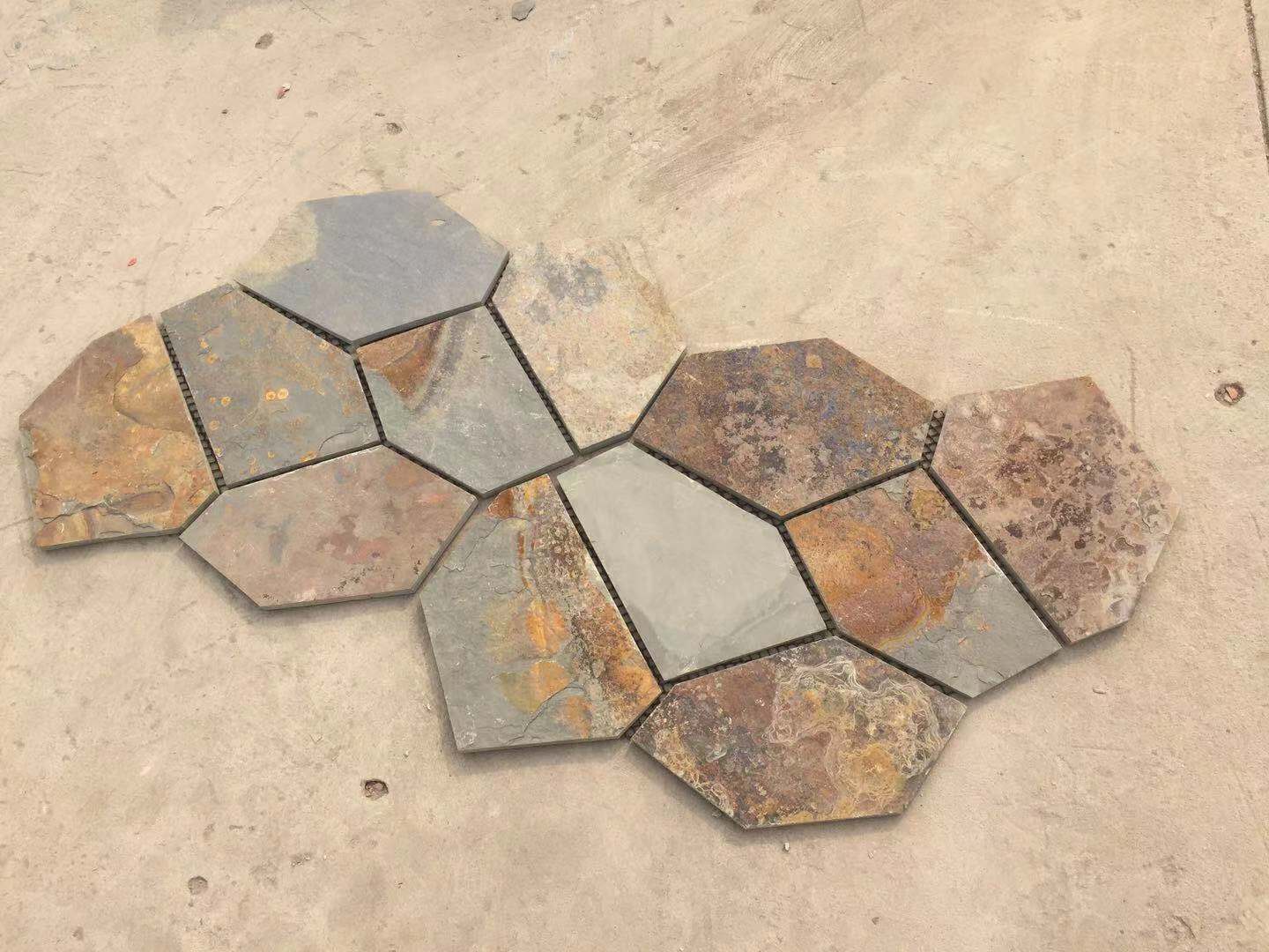 不规则锈板岩 青石板汀步园林小路铺路碎石板 批发锈色碎拼文化石