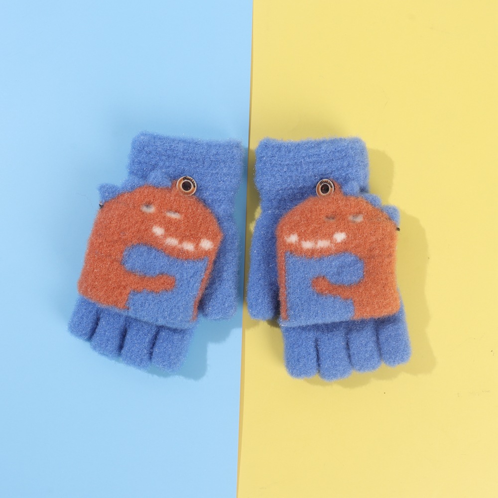 秋冬季加厚保暖羊绒针织儿童翻盖手套男孩小学生卡通提花恐龙手套