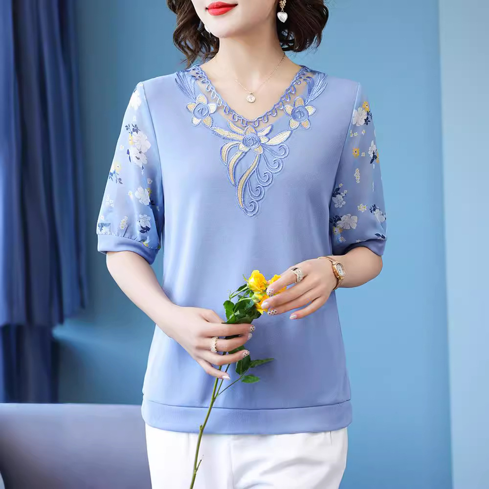 妈妈夏装短袖t恤中年女装冰丝母亲节衣服2024新款中老年洋气套装