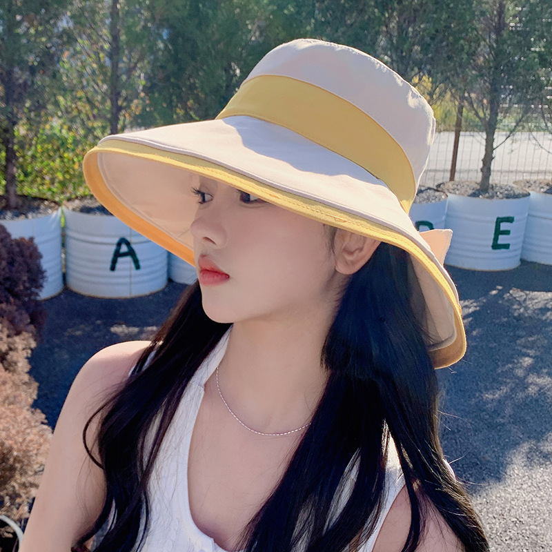 New Korean Style Spring and Summer Cotton Polyester Bucket Hat Women's Sweet Temperament Bow Bucket Hat Big Brim Sun Hat